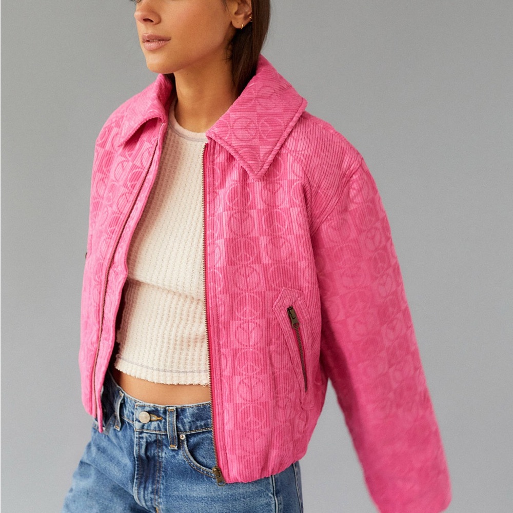 Urban Outfitters Pink Peace Sign Bomber Jacket Med NWOT Taylor Swift Halloween